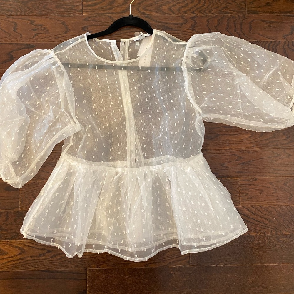 TOPSHOP white polka dot blouse puffy sleeves see through